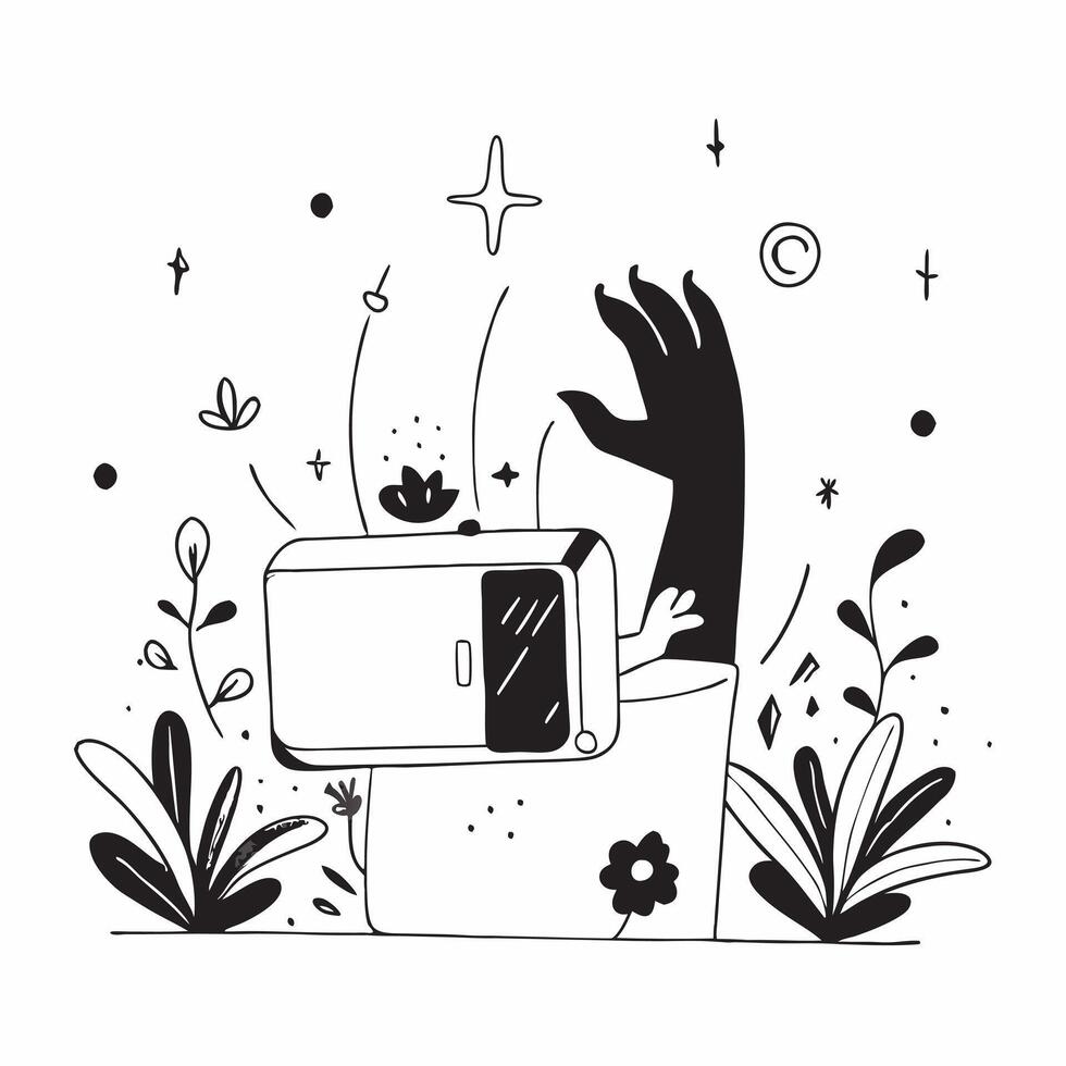 Traveler with Suitcase and Passport in Mystical Garden concept as Wide shot of a traveler with a suitcase and passport in a mystical garden The background features glowing flowers Cleans vector