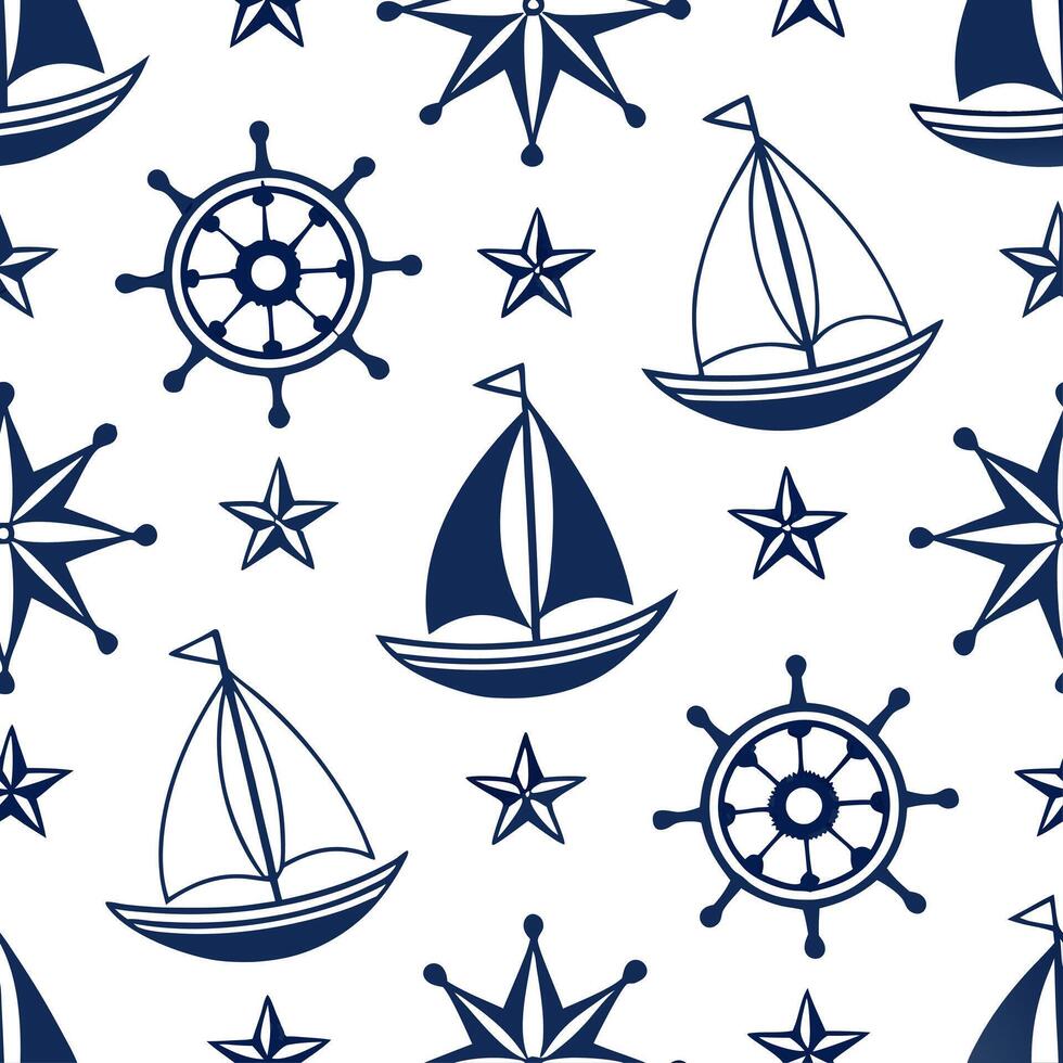 Traditional boats and maritime symbols seamless tile pattern with blue and white hues concept as Blue and white hues highlight traditional boats and maritime symbols in seamless ti Cleans vector