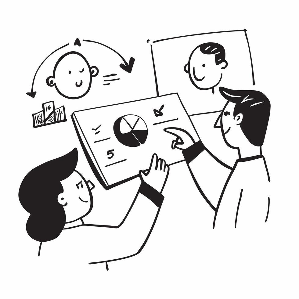 Team members discussing quarterly targets in a business meeting concept as A illustration of team members discussing quarterly targets in a business meeting using a 3 color Cleans vector