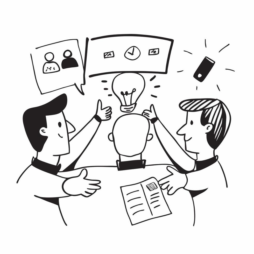Team members sharing ideas in a collaborative meeting concept as A illustration of team members sharing ideas in a collaborative meeting featuring a 3 color palette to highl Cleans vector