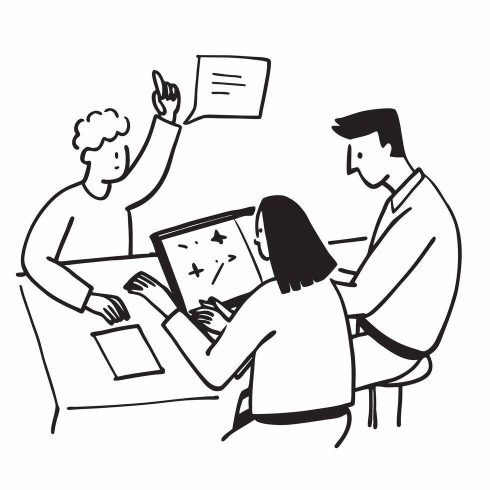 Team members reviewing project deliverables in a business meeting concept as A illustration of team members reviewing project deliverables in a business meeting using a 3 co Cleans Set 2 vector