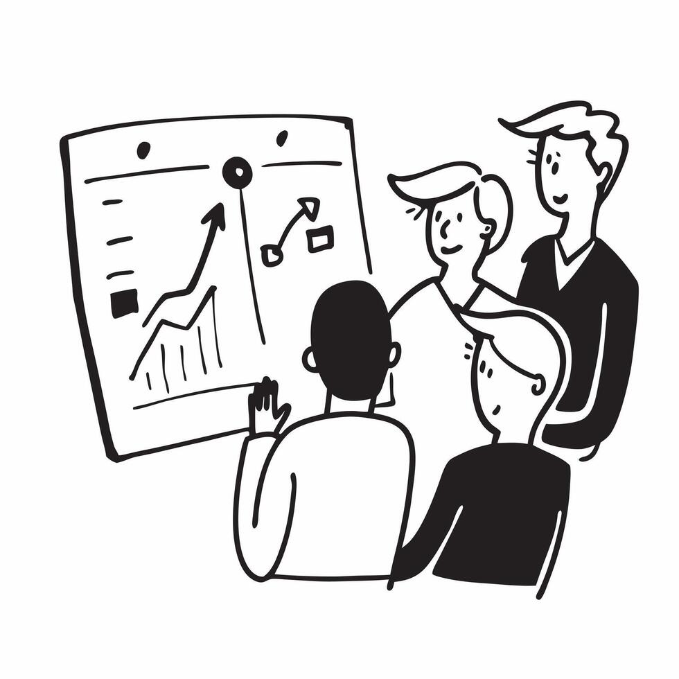 Team members discussing market trends in a business meeting concept as A illustration of team members discussing market trends in a business meeting using a 3 color tone to Cleans vector
