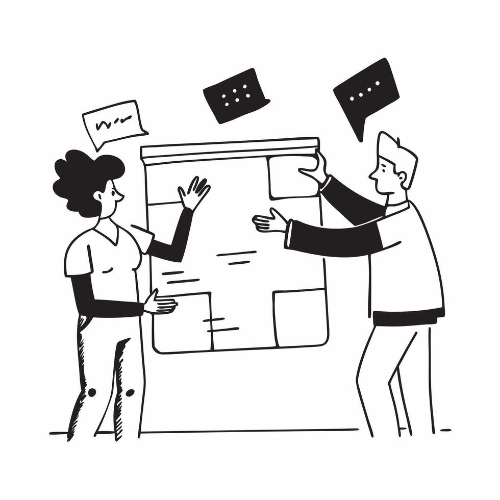 Team members collaborating on a strategic plan concept as A illustration of team members collaborating on a strategic plan in a modern office using a 3 color scheme to highl Cleans Set 2 vector