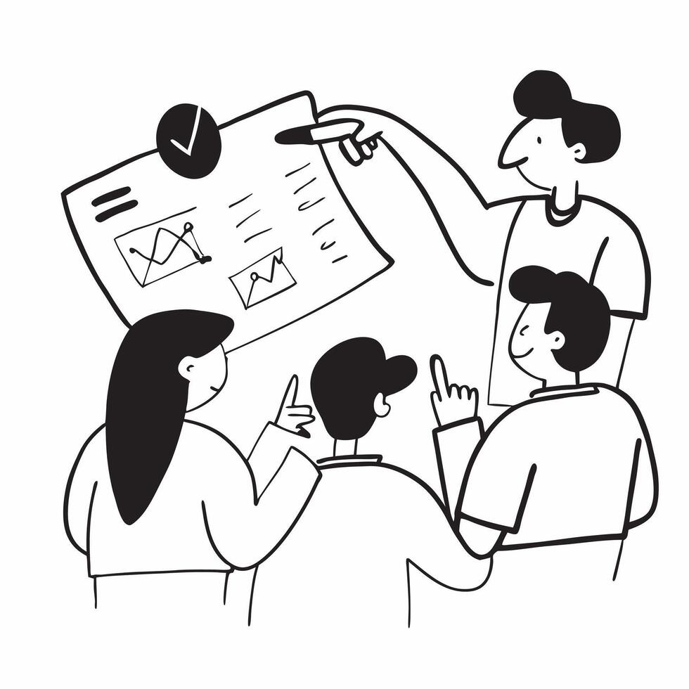 Team members discussing market trends in a business meeting concept as A illustration of team members discussing market trends in a business meeting using a 3 color tone to Cleans Set 2 vector