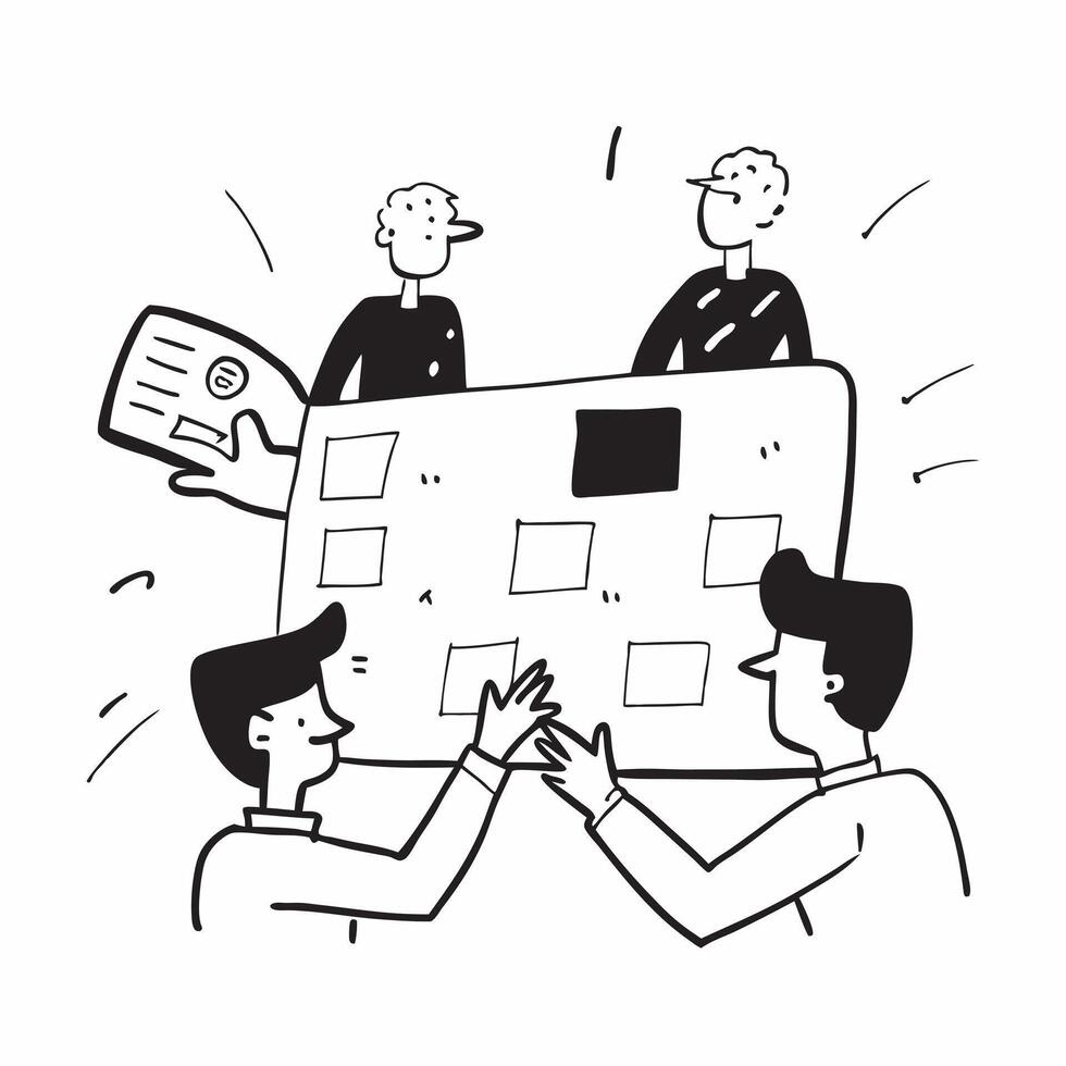 Team members collaborating on a project plan concept as A illustration of team members collaborating on a project plan in a modern workspace using a 3 color tone to emphasiz Cleans vector
