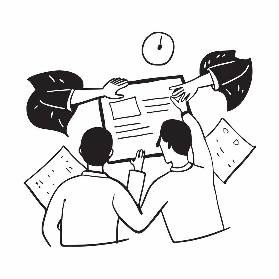 Team members collaborating on a business report in a meeting concept as A illustration of team members collaborating on a business report in a meeting using a 3 color palett Cleans vector