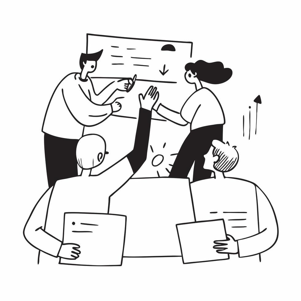 Team members collaborating on a project plan concept as A illustration of team members collaborating on a project plan in a modern workspace using a 3 color tone to emphasiz Cleans Set 2 vector