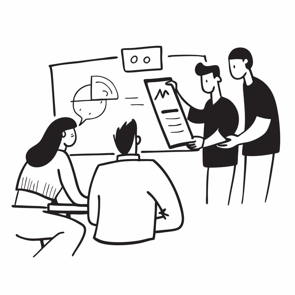 Team discussing project milestones in a meeting room concept as A illustration of a team discussing project milestones in a meeting room utilizing a 3 color palette to highl Cleans Set 3 vector