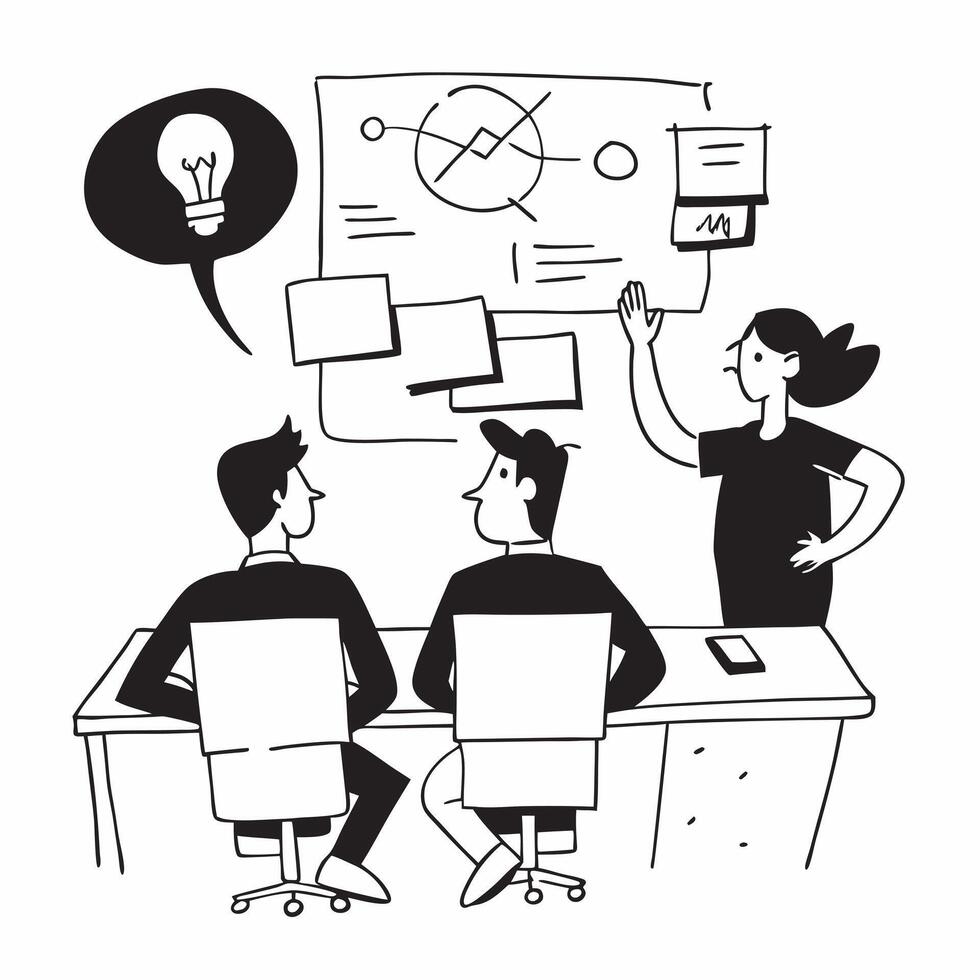 Team brainstorming ideas in a creative meeting room concept as A illustration of a team brainstorming ideas in a creative meeting room using a 3 color scheme to highlight in Cleans vector