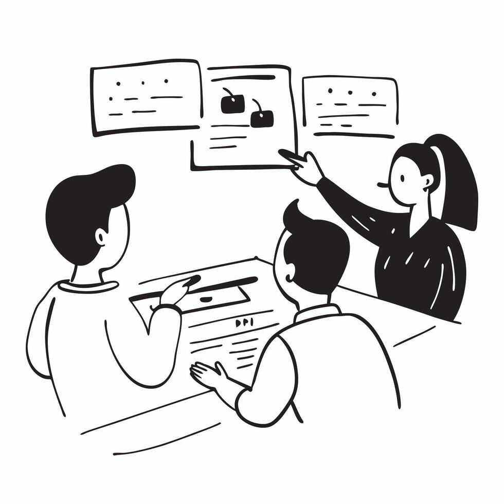 Team discussing customer feedback in a business meeting concept as A illustration of a team discussing customer feedback in a business meeting using a 3 color scheme to high Cleans vector