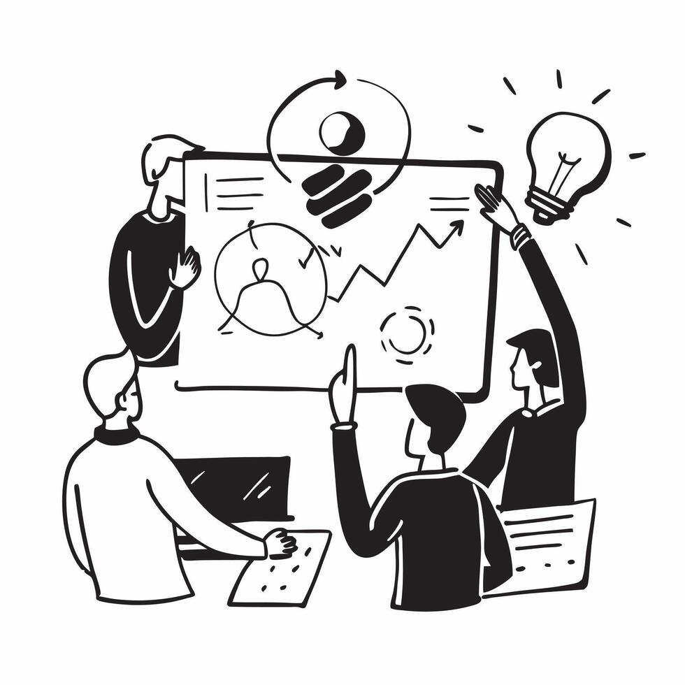 Team brainstorming ideas in a creative meeting room concept as A illustration of a team brainstorming ideas in a creative meeting room using a 3 color scheme to highlight in Cleans Set 2 vector