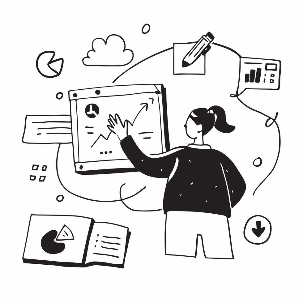 Teacher with Virtual Classroom and Charts concept as An image of a teacher with a virtual classroom and charts set against a dreamy background offering ample space for text or grap Cleans vector