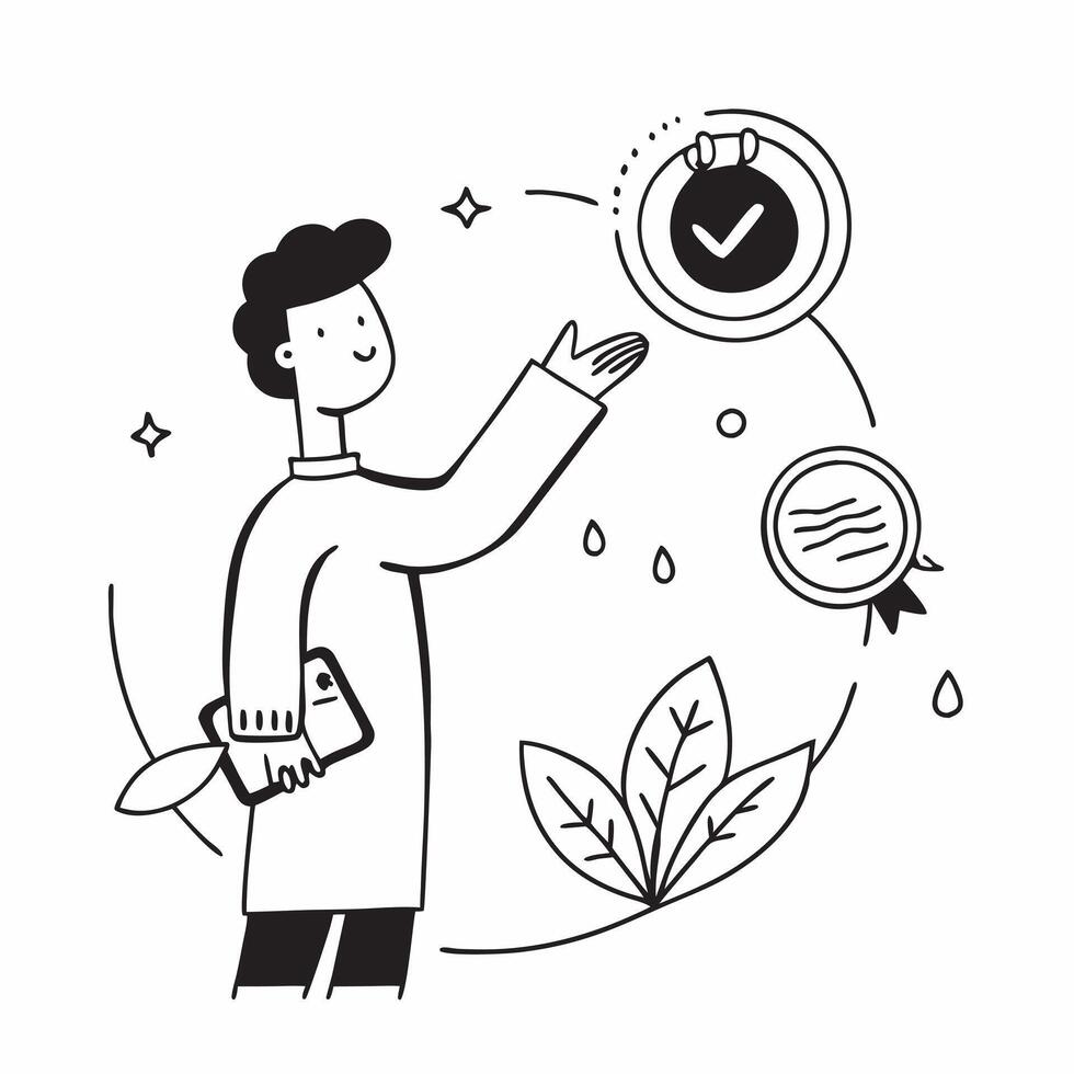 Sustainability Manager with Leaf and Certification concept as An image of a sustainability manager with a leaf and ISO14001 certification set against a whimsical background offerin Cleans vector