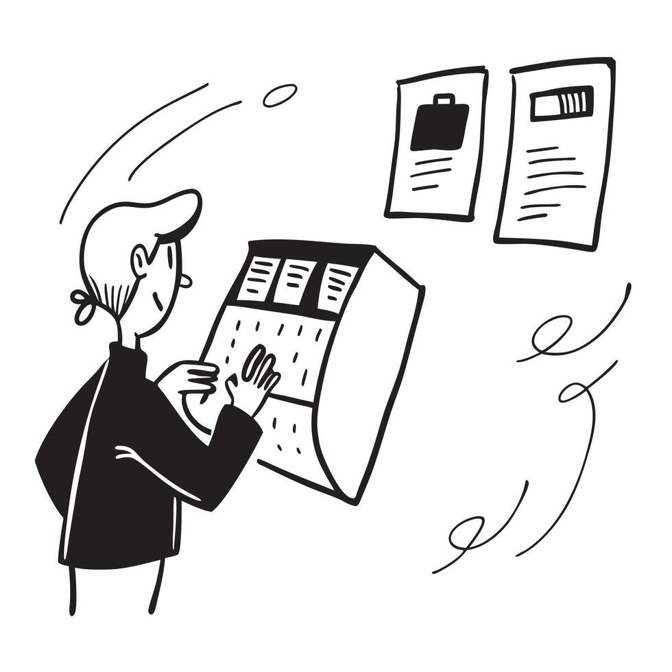 Supply Chain Manager with Inventory List and Scanner concept as A supply chain manager reviewing an inventory list and using a scanner set against a whimsical background offering a Cleans vector