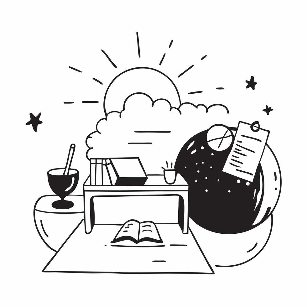 Sunrise and Desk concept as A sunrise view with a desk set against a whimsical background offering ample space for text or graphics symbolizing the start of the workday and the bal Cleans vector