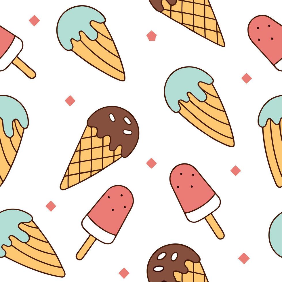 Summer seamless tile pattern with ice cream cones and popsicles for a playful sweet atmosphere concept as Fun and playful seamless pattern featuring ice cream cones and popsicles f Cleans vector