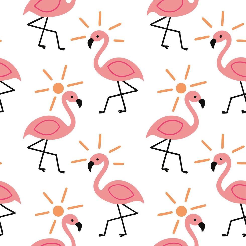 Summer sun seamless tile pattern with flamingos and sun rays for a fun and playful summer vibe concept as Flamingos and sun rays arranged in a playful seamless pattern for creating Cleans vector