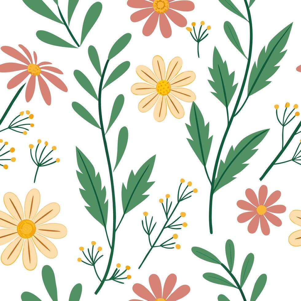 Summer flowers seamless pattern with vibrant petals and lush greenery for lively nature inspired designs concept as Vibrant summer flowers pattern with bright petals and lush green Cleans vector