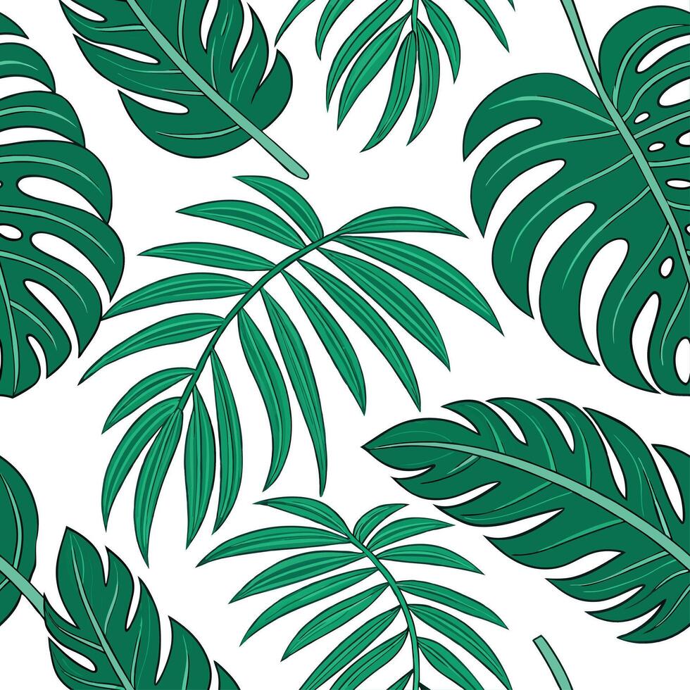 Summer leaves seamless pattern with bright green and jungle leaves for vibrant outdoor decor concept as Bright green jungle leaves arranged in a seamless pattern to create a vibran Cleans vector