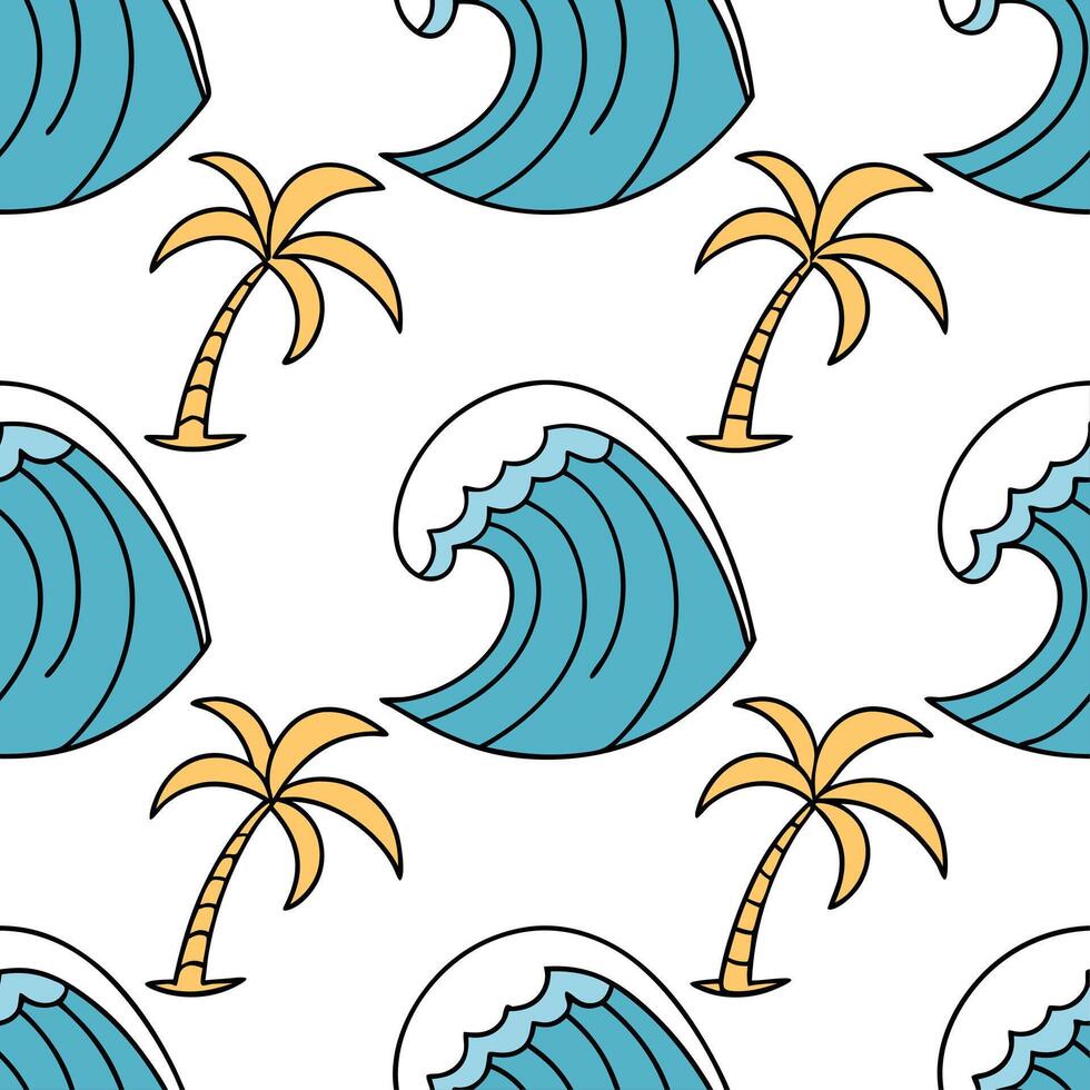 Summer beach seamless tile pattern with vibrant waves and palm trees for coastal home decor concept as Bright waves and palm trees in a seamless pattern for creating a vibrant and Cleans vector