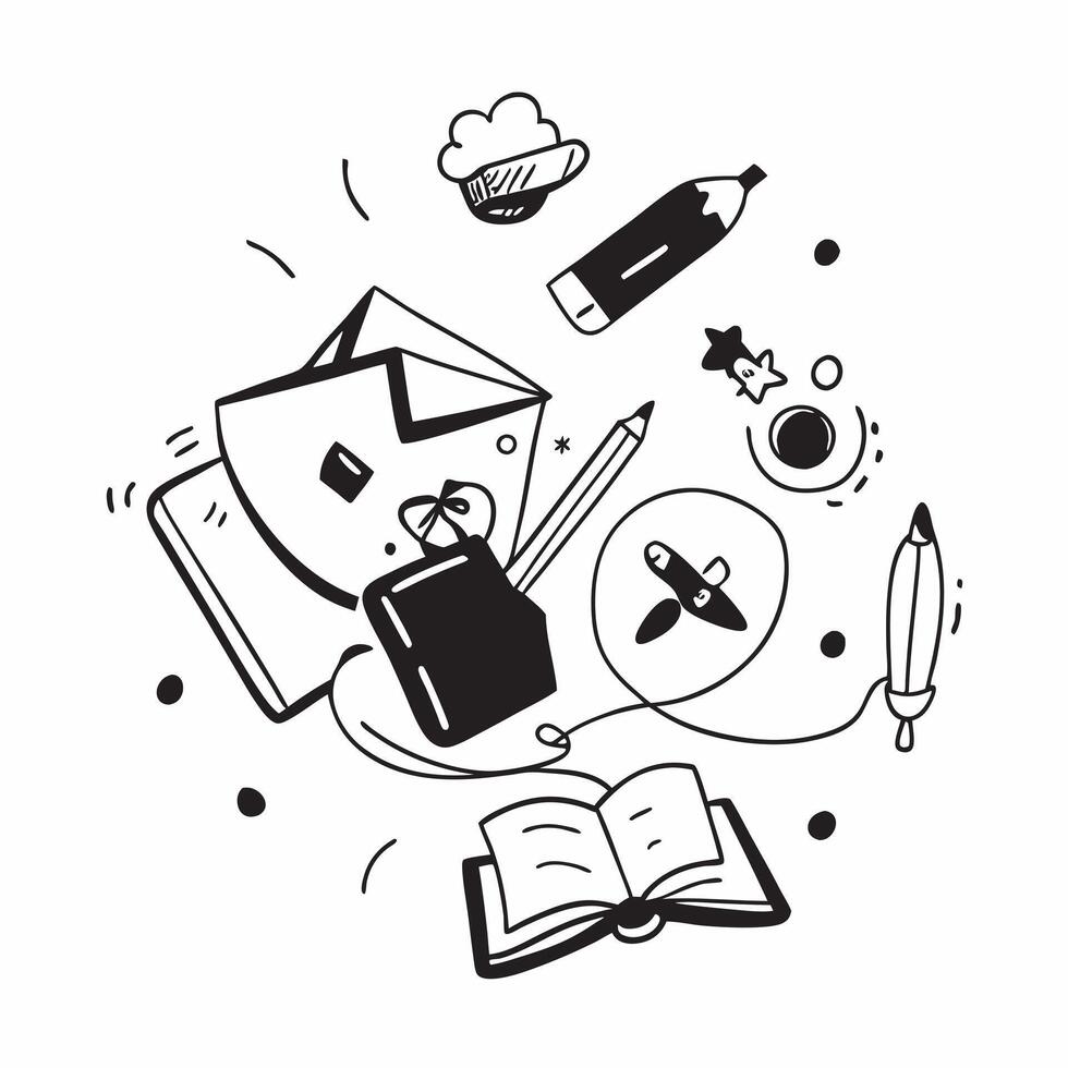 Student with School Supplies and Laptop concept as A student surrounded by school supplies and using a laptop set against a whimsical background offering ample space for text or gr Cleans Set 2 vector