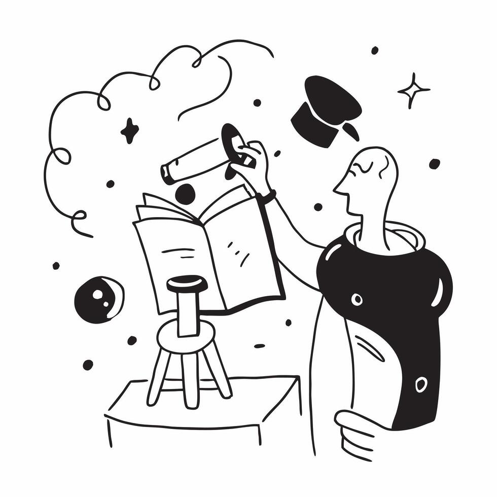 Student with Microscope and Science Book concept as A student using a microscope and reading a science book set against a dreamy background offering ample space for text or graphic Cleans Set 2 vector