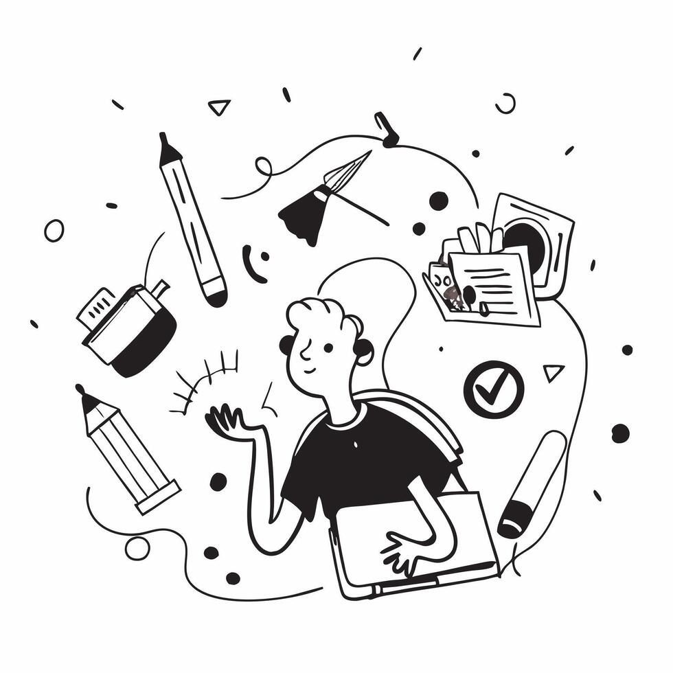 Student with School Supplies and Laptop concept as A student surrounded by school supplies and using a laptop set against a whimsical background offering ample space for text or gr Cleans vector