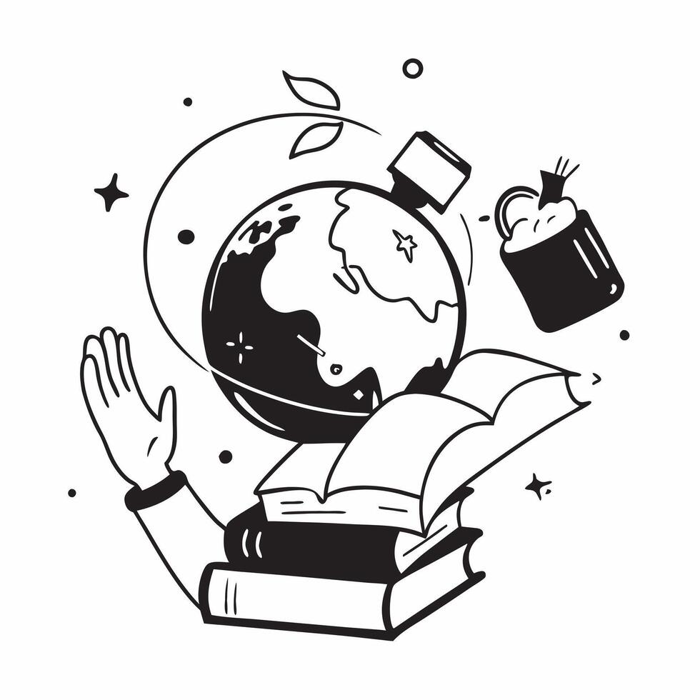 Student with Globe and Textbooks concept as A student holding a globe and surrounded by textbooks set against a whimsical background offering ample space for text or graphics symbo Cleans Set 2 vector