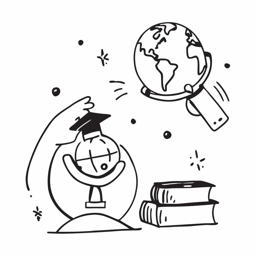 Student with Globe and Textbooks concept as A student holding a globe and surrounded by textbooks set against a whimsical background offering ample space for text or graphics symbo Cleans vector