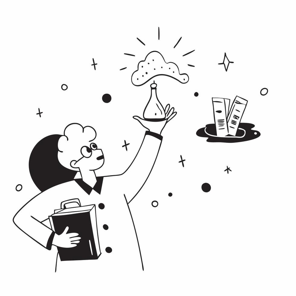 Student with Books and Science Experiment concept as A student holding books and conducting a science experiment set against a dreamy background offering ample space for text or gr Cleans Set 2 vector