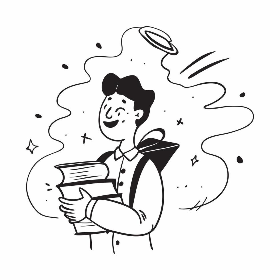 Student with Books and Notebook concept as A student holding books and a notebook set against a whimsical background offering ample space for text or graphics symbolizing the impor Cleans vector