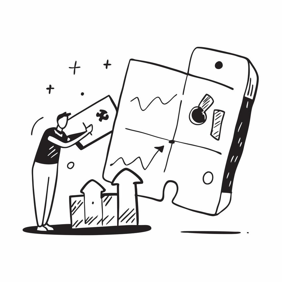 Strategist with Puzzle and Growth Graph concept as A strategist working with a puzzle and a growth graph set against a whimsical background offering ample space for text or graphic Cleans vector