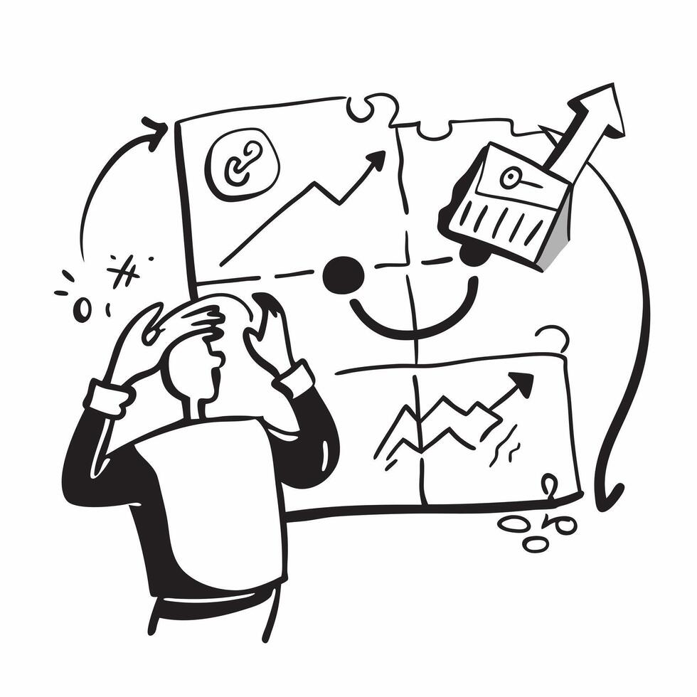 Strategist with Puzzle and Goal Graph concept as A strategist working with a puzzle and a goal graph set against a whimsical background offering ample space for text or graphics sy Cleans vector