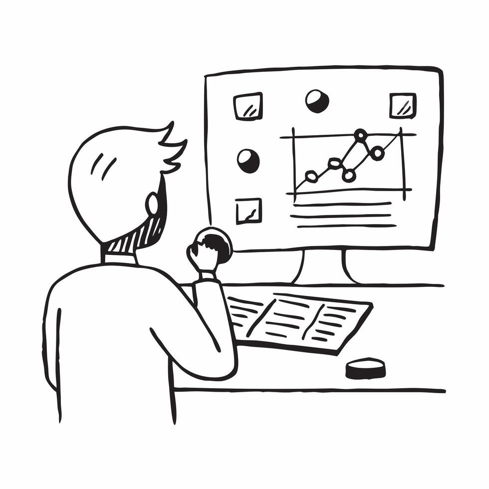 Stockbroker evaluating investment opportunities on a computer concept as A stockbroker in an office evaluating investment opportunities on a computer showcasing analysis and decisi Cleans vector