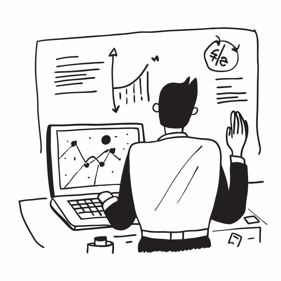 Stock valuation expert analyzing economic indicators concept as A stock valuation expert in an office analyzing economic indicators on a computer highlighting expertise in financia Cleans vector