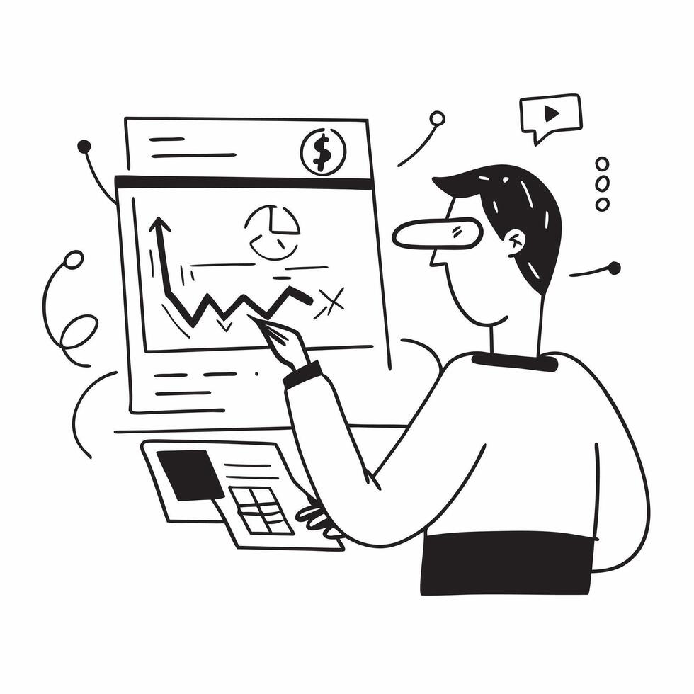 Stock analyst using big data for stock valuation analysis concept as A stock analyst in a modern office using big data on a computer for stock valuation analysis highlighting innov Cleans vector