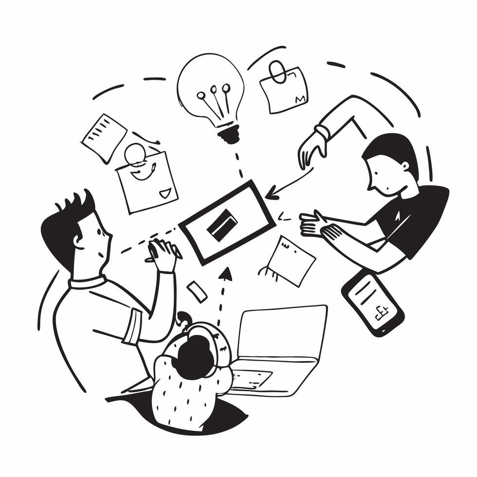 Startup team collaborating on a business plan concept as A illustration of a startup team collaborating on a business plan using laptops and digital tools with an 8 color pa Cleans Set 2 vector