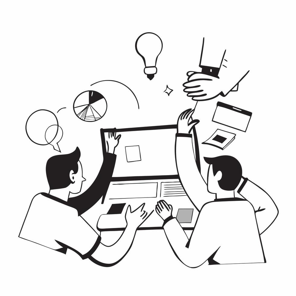 Startup team collaborating on a business plan concept as A illustration of a startup team collaborating on a business plan using laptops and digital tools with an 8 color pa Cleans vector