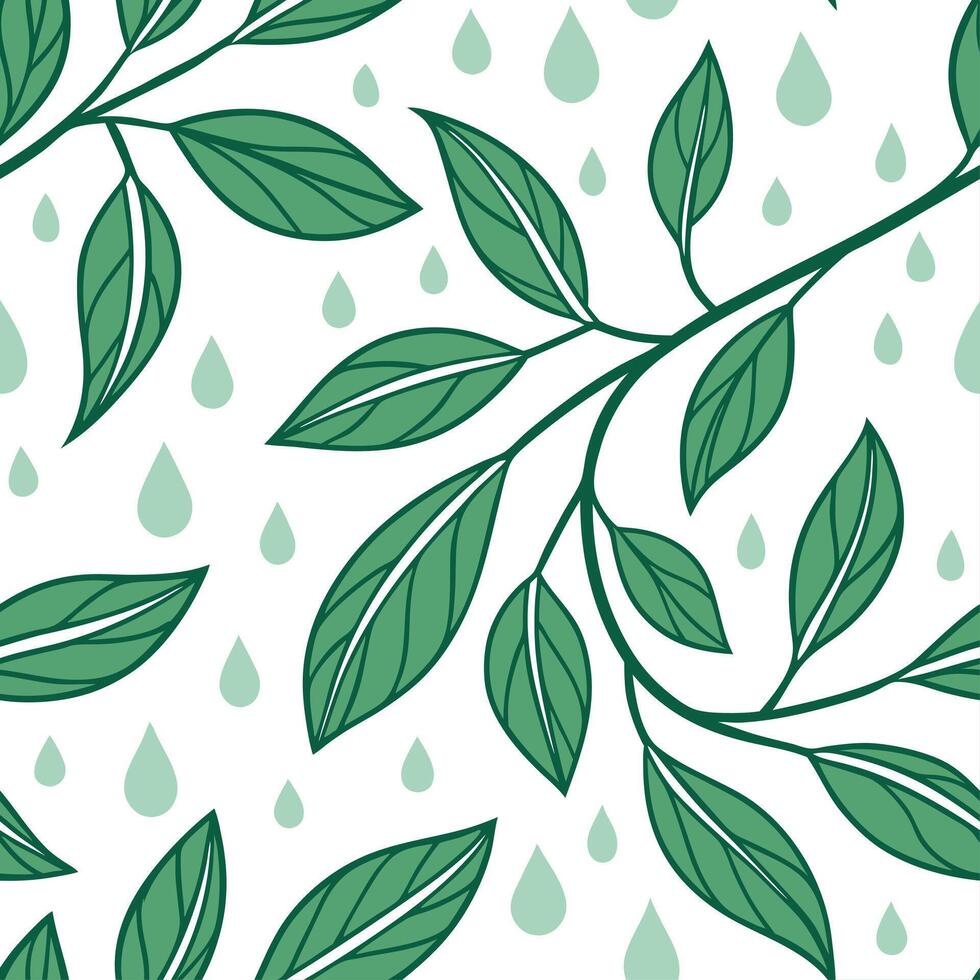 Spring nature seamless pattern with gentle rain droplets on leaves and soft green hues for serene designs concept as Seamless pattern with soft green leaves and gentle rain droplet Cleans vector
