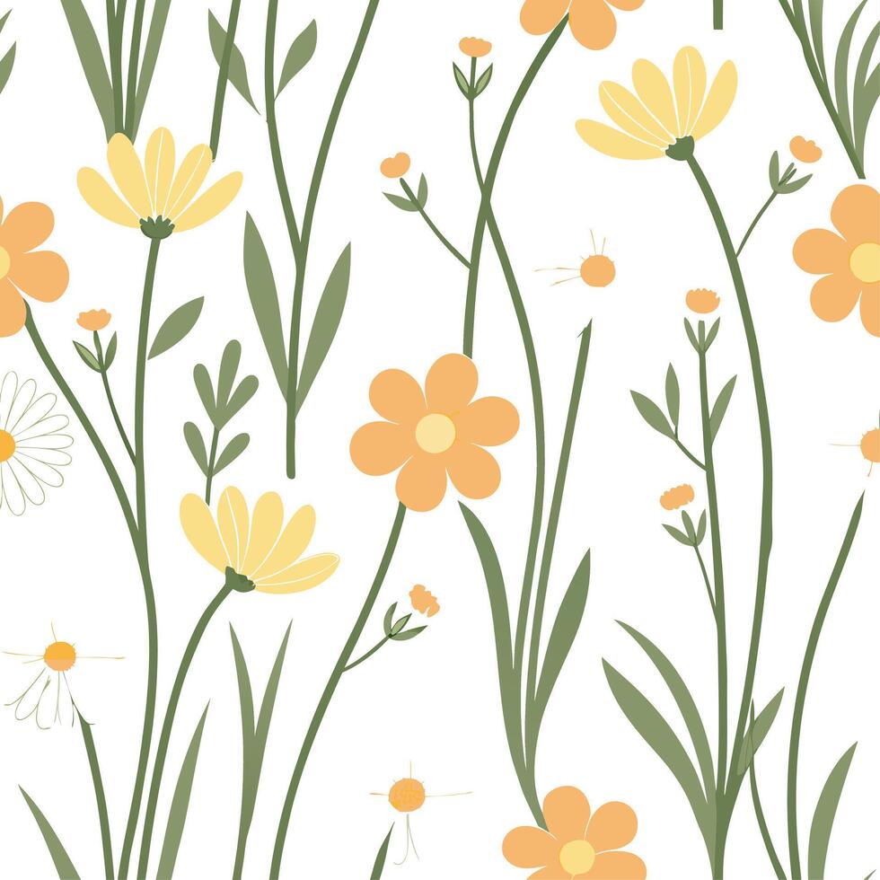 Spring meadow flower seamless pattern with buttercups and daisies for organic spring spaces concept as Organic spring meadow flowers like buttercups and daisies arranged in a seaml Cleans vector