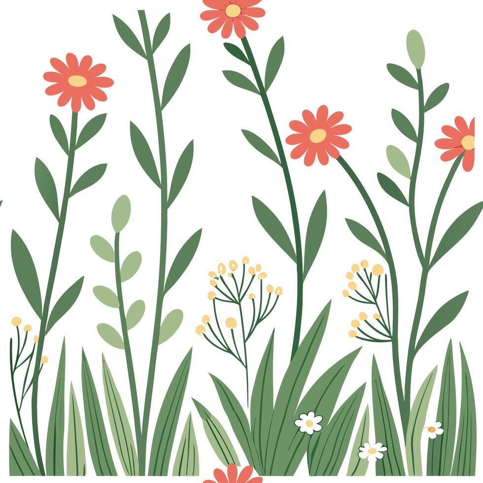 Spring meadow seamless pattern with wildflowers and greenery for rustic charm concept as Rustic spring meadow featuring wildflowers and greenery arranged in a seamless pattern for Cleans vector