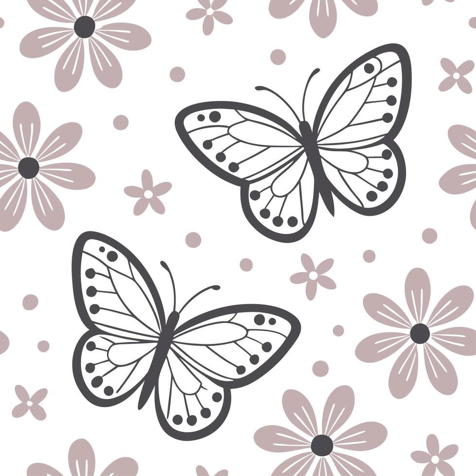 Spring pastel seamless pattern with delicate butterflies and flowers for whimsical garden decor concept as Soft butterflies and pastel flowers arranged seamlessly for a whimsical a Cleans vector