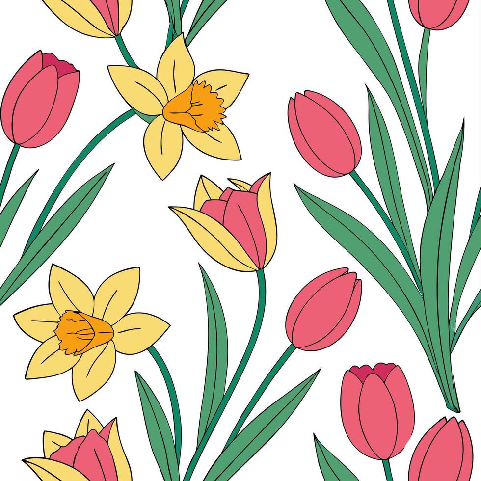 Spring flowers seamless tile pattern featuring vibrant tulips and daffodils for cheerful interiors concept as Bright tulips and daffodils arranged seamlessly in a lively tile patte Cleans vector