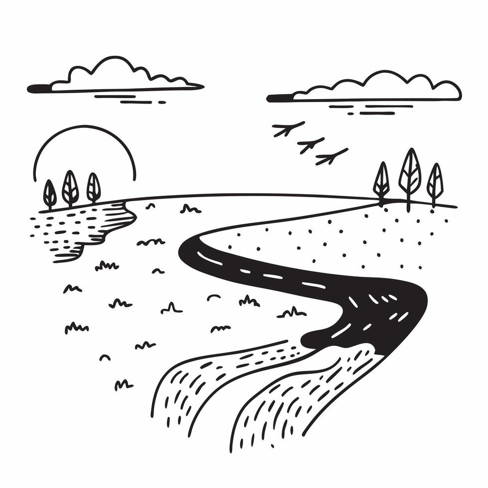 Spring and Autumn Riverbank concept as Half tone spring and autumn riverbank landscape offering ample space for text or graphics symbolizing the flow of life and seasonal transitio Cleans vector