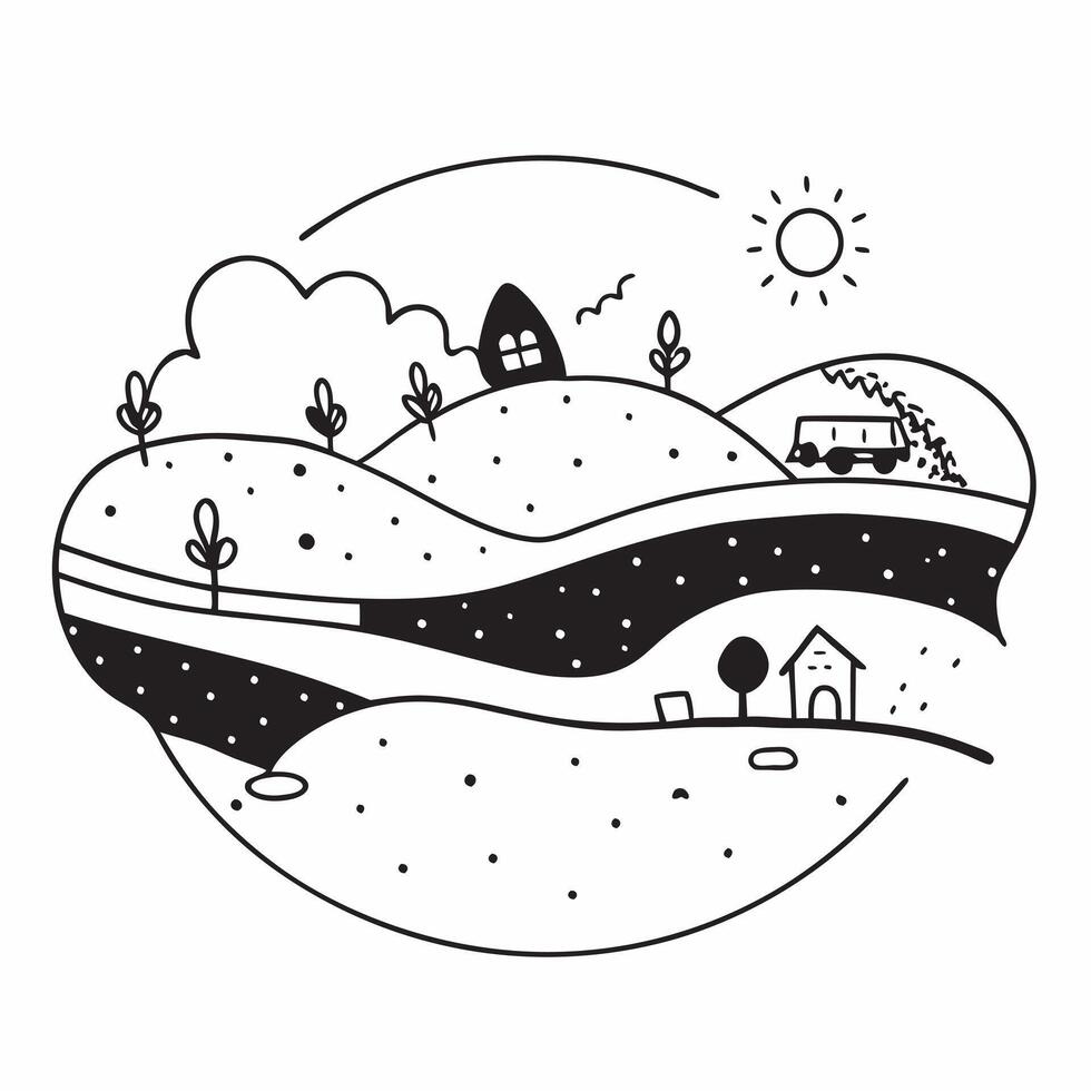 Spring and Autumn Village concept as Half tone spring and autumn village landscape offering ample space for text or graphics symbolizing community life and seasonal change in Phot Cleans vector