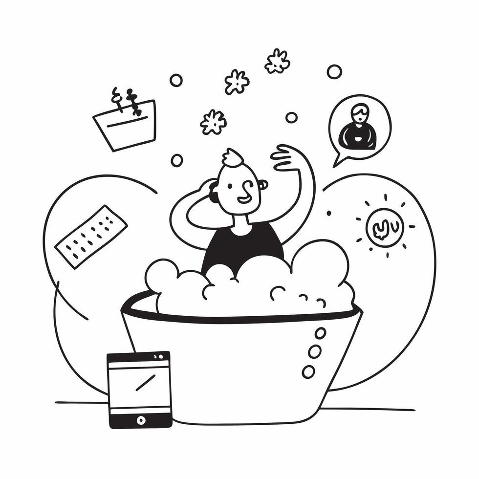Social media strategist enjoying a relaxing bubble bath concept as A social media strategist enjoying a relaxing bubble bath while brainstorming social media campaigns highlighting Cleans vector