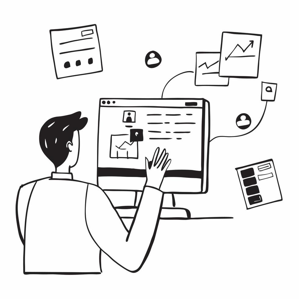Social media manager scheduling posts on multiple platforms concept as A social media manager in a modern office scheduling posts on multiple social media platforms using a desktop Cleans vector