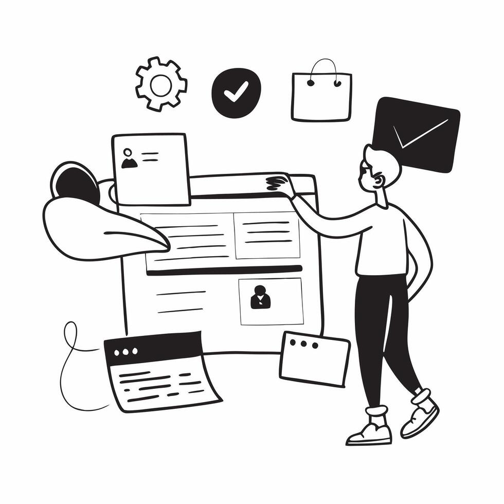 Social media manager curating content for different platforms concept as A social media manager in an office curating content for different social media platforms using a laptop hi Cleans Set 2 vector