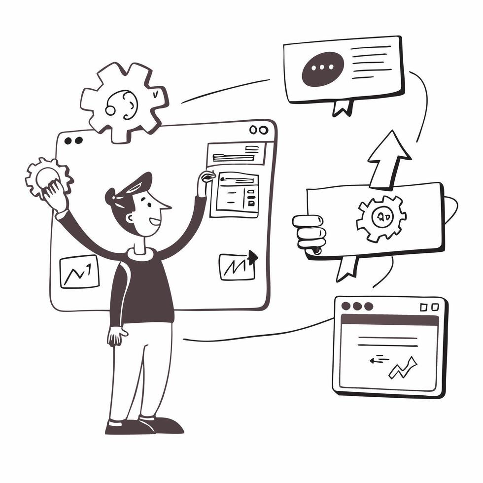 Social media manager using AI tools for content scheduling concept as A social media manager in an office using AI tools on a computer for content scheduling highlighting automatio Cleans vector