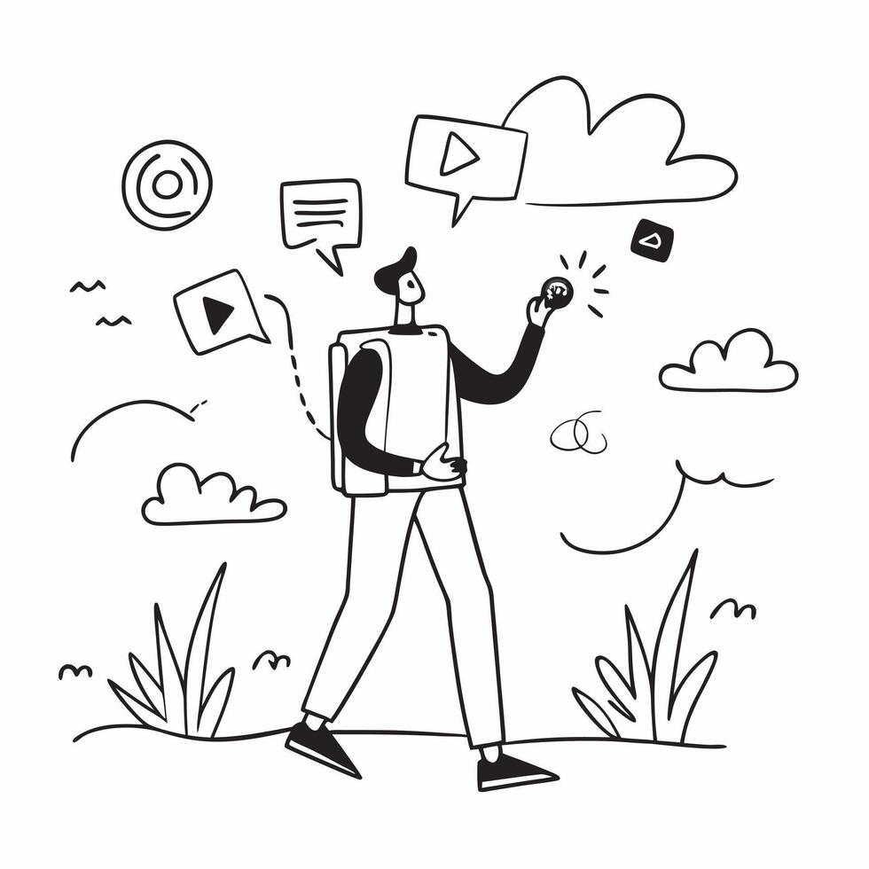 Social media manager taking a walk in nature concept as A social media manager taking a walk in nature highlighting the importance of relaxation and mental clarity for creative thi Cleans vector
